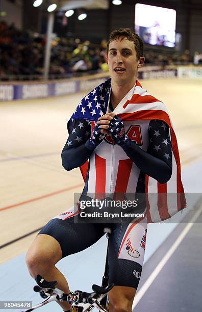 Taylor Phinney of the USA celebrates winning the Men's Individual Pursuit on Day Two of the UCI Track Cycling World Championships at the Ballerup...