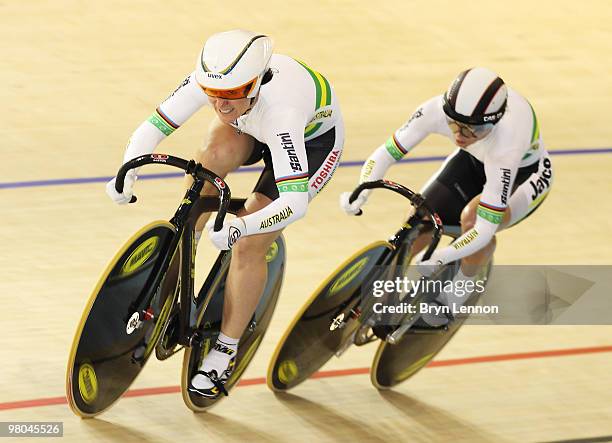 Anna Meares of Australia leads team mate and Kaarle McCulloch to victory in the Women's Team Sprint on Day Two of the UCI Track Cycling World...