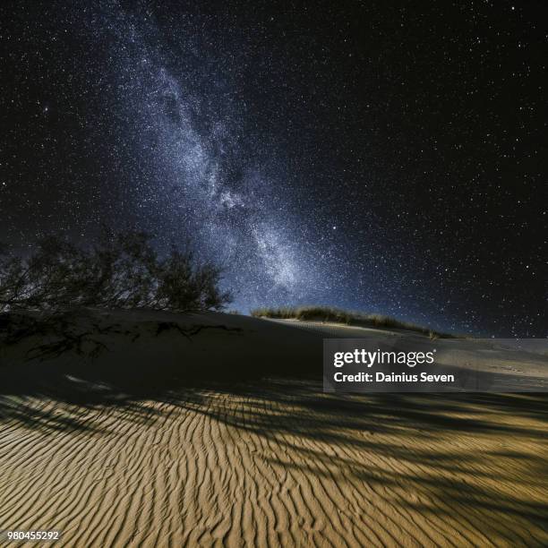 milky way over sandy dunes, neringa, klaipeda county, lithuania - neringa fotografías e imágenes de stock