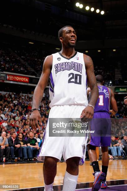 Donte Greene of the Sacramento Kings reacts during the game against the Phoenix Suns on February 5, 2010 at Arco Arena in Sacramento, California. The...