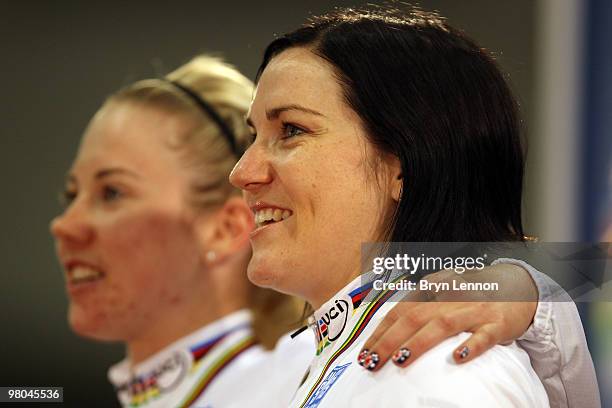 Anna Meares and Kaarle McCulloch of Australia stands on the podium after winning the Women's Team Sprint on Day Two of the UCI Track Cycling World...
