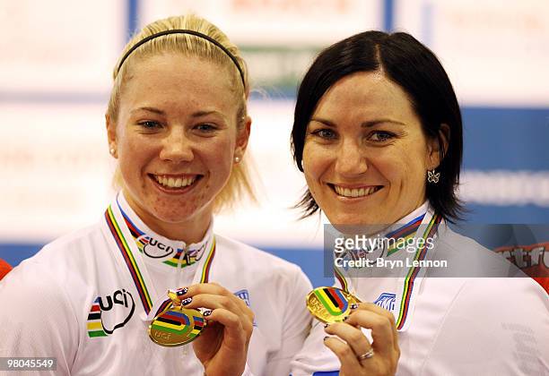 Anna Meares and Kaarle McCulloch of Australia stands on the podium after winning the Women's Team Sprint on Day Two of the UCI Track Cycling World...
