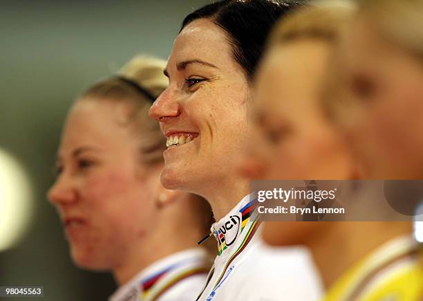 Anna Meares and Kaarle McCulloch of Australia stands on the podium after winning the Women's Team Sprint on Day Two of the UCI Track Cycling World...