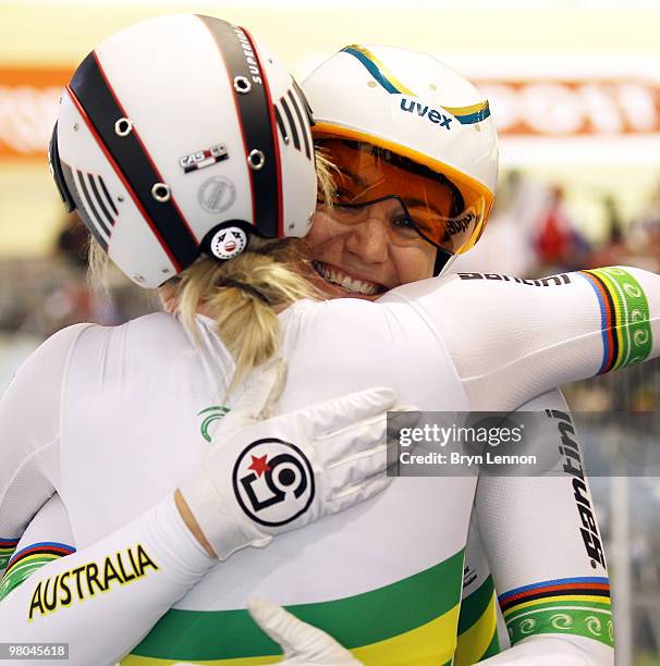 Anna Meares of Australia celebrates with team mate and Kaarle McCulloch after winning the Women's Team Sprint on Day Two of the UCI Track Cycling...