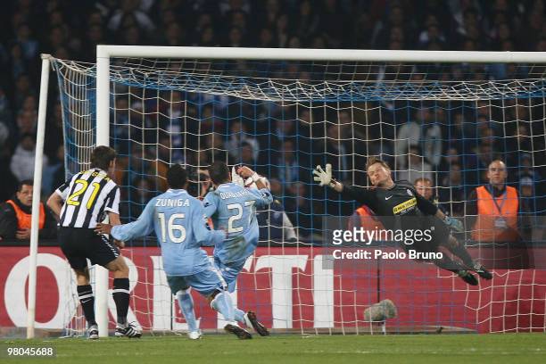 Fabio Quagliarella of SSC Napoli scores the second goal during the Serie A match between SSC Napoli and Juventus FC at Stadio San Paolo on March 25,...