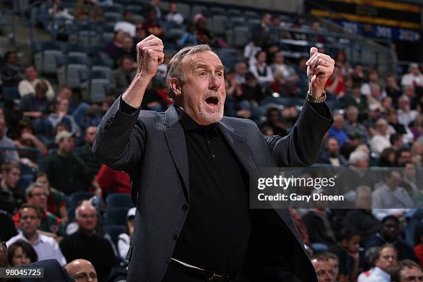 Head coach Rick Adelman of the Houston Rockets shouts from the sideline during the game against the Milwaukee Bucks on February 17, 2010 at the...
