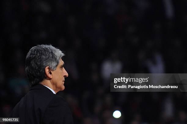 Panagiotis Giannakis, Head Coach of Olympiacos Piraeus in action during the Euroleague Basketball 2009-2010 Play Off Game 2 between Olympiacos...