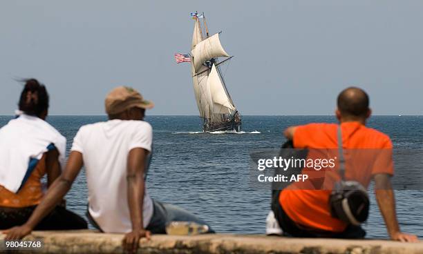 Ship modelled after the famous slave-trading vessel La Amistad -- on which 53 African slaves revolted in 1839 -- enters the harbour of Havana on...