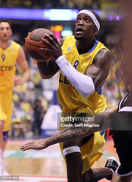 Doron Perkins, #8 of Maccabi Electra Tel Aviv in action during the Euroleague Basketball 2009-2010 Play Off Game 2 between Maccabi Electra Tel Aviv...