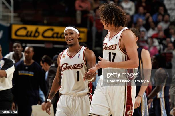 Daniel Gibson and Anderson Varejao of the Cleveland Cavaliers smile during the game against the Memphis Grizzlies on February 2, 2010 at Quicken...