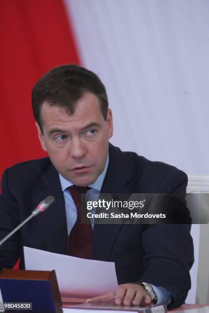 Russian President Dmitry Medvedev addresses officals during his visit to Volgograd , on March 25, 2010 in Volgograd, Russia. Medvedev visited...