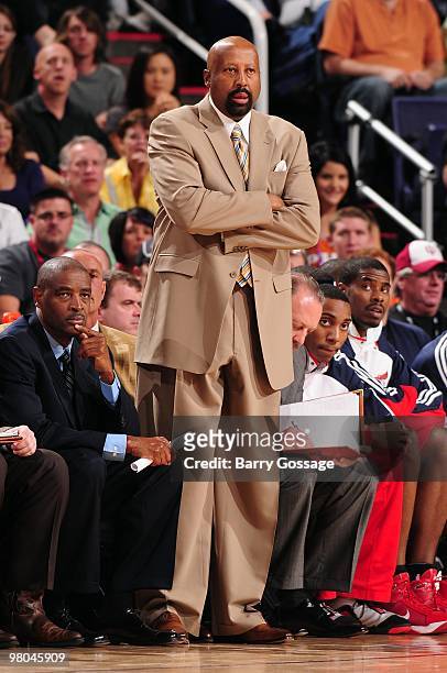Head coach Mike Woodson of the Atlanta Hawks looks on from the sideline during the game against the Phoenix Suns on February 19, 2010 at U.S. Airways...