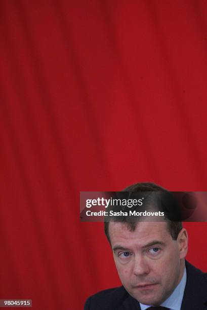 Russian President Dmitry Medvedev addresses officals during his visit to Volgograd , on March 25, 2010 in Volgograd, Russia. Medvedev visited...