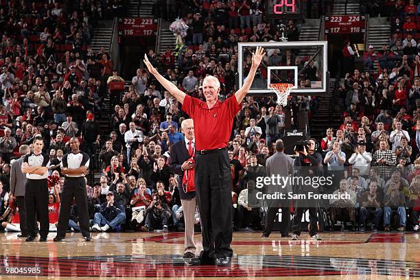 Former Blazer Bill Walton is honored during throwback jersey night in the game between the Sacramento Kings and the Portland Trail Blazers at The...