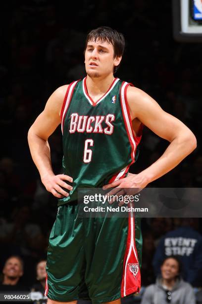 Andrew Bogut of the Milwaukee Bucks stands on the court during the game against the Washington Wizards on March 5, 2010 at the Verizon Center in...