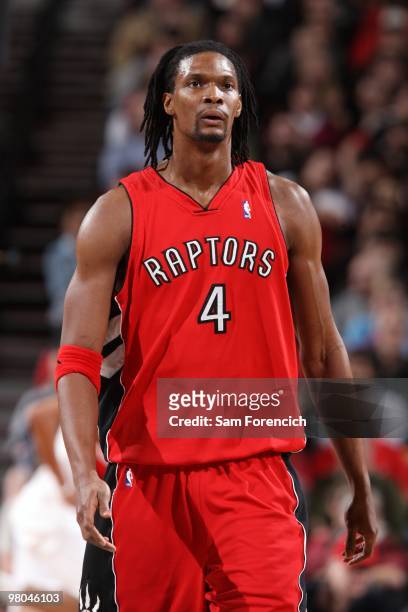 Chris Bosh of the Toronto Raptors looks on during the game against the Portland Trail Blazers at The Rose Garden on March 14, 2010 in Portland,...