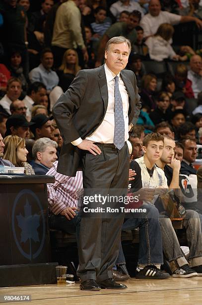 Head coach Mike D'Antoni of the New York Knicks looks on from the sideline during the game against the Toronto Raptors on March 5, 2010 at Air Canada...