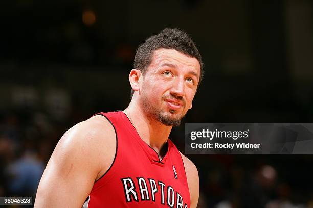 Hedo Turkoglu of the Toronto Raptors looks on during the game against the Golden State Warriors at Oracle Arena on March 13, 2010 in Oakland,...