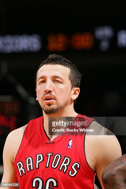 Hedo Turkoglu of the Toronto Raptors looks on during the game against the Golden State Warriors at Oracle Arena on March 13, 2010 in Oakland,...