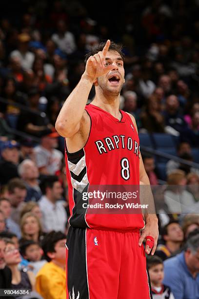 Jose Calderon of the Toronto Raptors gestures during the game against the Golden State Warriors at Oracle Arena on March 13, 2010 in Oakland,...