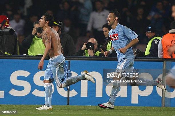 Ezequiel Lavezzi with his teammate Fabio Quagliarella of SSC Napoli celebrates after scoring the third goal during the Serie A match between SSC...