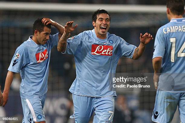 Ezequiel Lavezzi of SSC Napoli and teammates celebrate after scoring the third goal during the Serie A match between SSC Napoli and Juventus FC at...