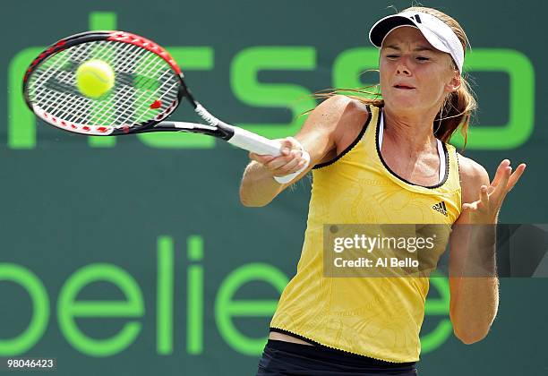 Daniela Hantuchova of Slovakia returns a shot against Patty Schnyder of Switzerland during day three of the 2010 Sony Ericsson Open at Crandon Park...