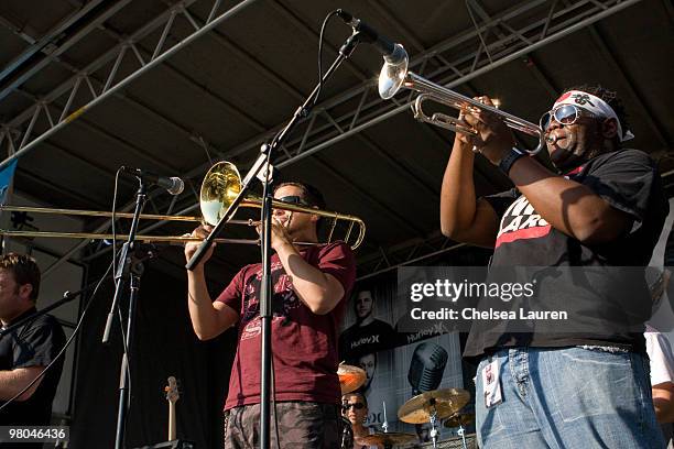 Mike Soprano and Matt Stewart of Streetlight Manifesto perform at the 2009 Vans Warped Tour on June 26, 2009 in Pomona, California.