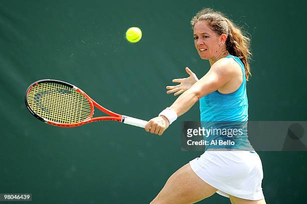 Patty Schnyder of Switzerland returns a shot against Daniela Hantuchova of Slovakia during day three of the 2010 Sony Ericsson Open at Crandon Park...