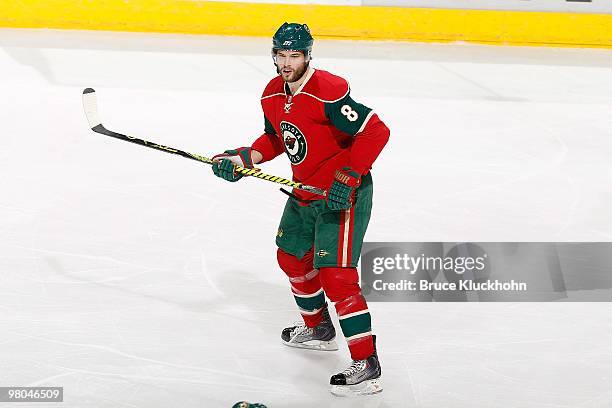 Brent Burns of the Minnesota Wild skates against the Calgary Flames during the game at the Xcel Energy Center on March 21, 2010 in Saint Paul,...