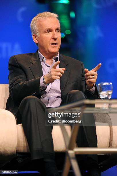 Movie director James Cameron speaks during a panel discussion at the CTIA Wireless conference in Las Vegas, Nevada, U.S., on Thursday, March 25,...
