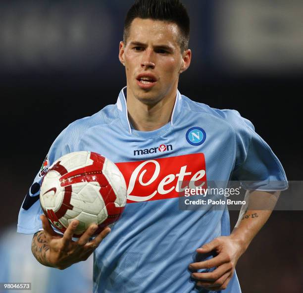 Marek Hamsik of SSC Napoli with the ball during the Serie A match between SSC Napoli and Juventus FC at Stadio San Paolo on March 25, 2010 in Naples,...