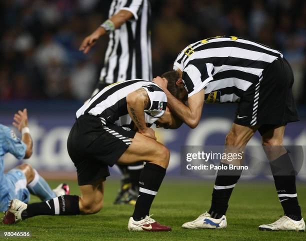 Fabio Cannavaro and Giorgio Chiellini of Juventus FC show their dejection during the Serie A match between SSC Napoli and Juventus FC at Stadio San...