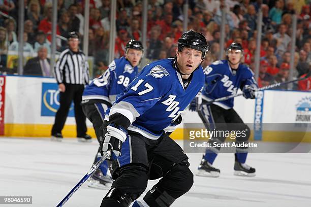 Todd Fedoruk of the Tampa Bay Lightning defends the zone against the Washington Capitals at the St. Pete Times Forum on March 20, 2010 in Tampa,...