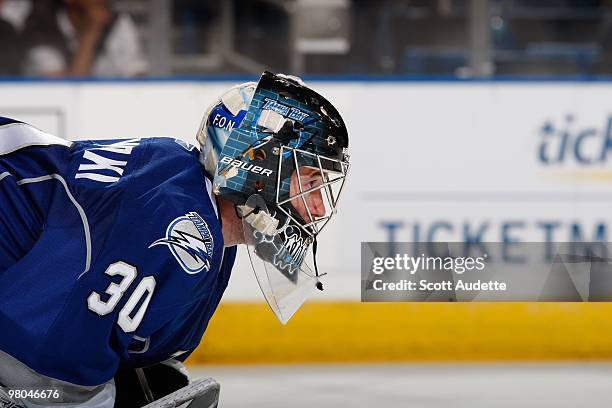 Goaltender Antero Niittymaki of the Tampa Bay Lightning defends the goal against the Washington Capitals at the St. Pete Times Forum on March 20,...
