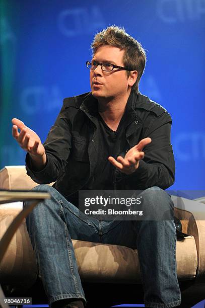 Biz Stone, co-founder of Twitter Inc., speaks during a panel discussion at the CTIA Wireless conference in Las Vegas, Nevada, U.S., on Thursday,...