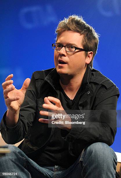 Biz Stone, co-founder of Twitter Inc., speaks during a panel discussion at the CTIA Wireless conference in Las Vegas, Nevada, U.S., on Thursday,...