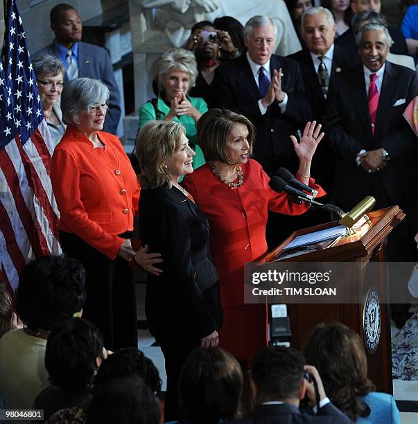 Speaker of the House Nancy Pelosi hosts a Women's History Month Celebration in honor of Secretary of State Hillary Clinton with Rep. Lynn Woolsey...