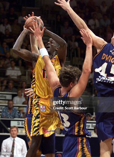 Lanard Copeland of Melbourne Tigers drives towards the basket during the National Basketball League match between the West Sydney Razorbacks and...