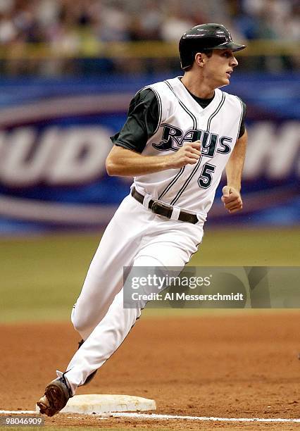 Tampa Bay Devil Rays rookie center fielder Rocco Baldelli rounds third base in the bottom of the seventh inning August 24, 2003 in St. Petersburg,...