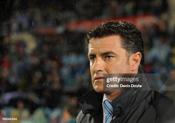 Getafe manager and former Real Madrid player Michel waits for the start of La Liga match between Getafe and Real Madrid at the Coliseum Alfonso Perez...