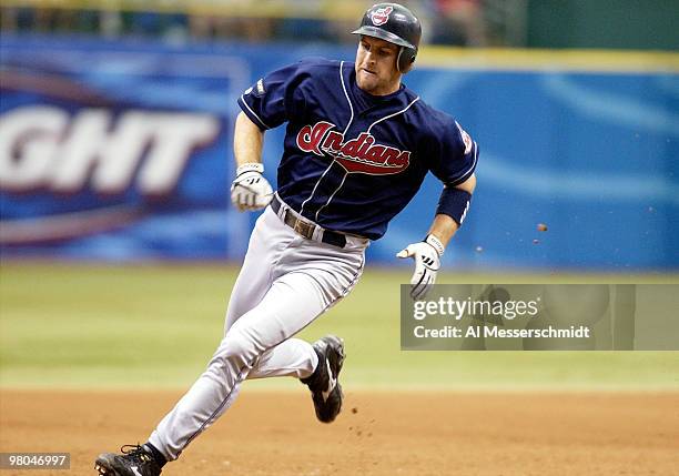 Cleveland Indians third baseman Casey Blake heads home with one of three, third-inning runs August 24, 2003 in St. Petersburg, Florida. The Indians...