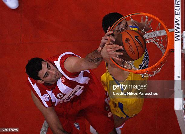 Ioannis Bourousis, #9 of Olympiacos Piraeus in action during the Euroleague Basketball 2009-2010 Play Off Game 2 between Olympiacos Piraeus vs Asseco...