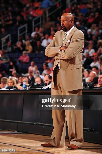 Head coach Mike Woodson of the Atlanta Hawks looks on from the sideline during the game against the Phoenix Suns on February 19, 2010 at U.S. Airways...