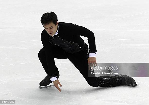 Patrick Chan of Canada falls during the Men's Free Skate at the 2010 ISU World Figure Skating Championships on March 25, 2010 at the Palevela in...