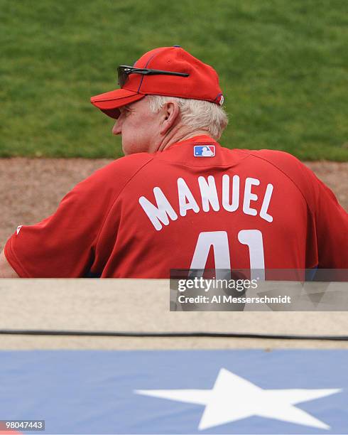 Manager Charlie Manuel of the Philadelphia Phillies watches play against the Houston Astros March 25, 2010 at Bright House Field in Clearwater,...