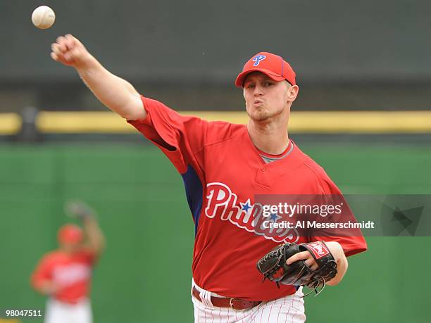 Pitcher Kyle Kendrick of the Philadelphia Phillies starts against the Houston Astros March 25, 2010 at Bright House Field in Clearwater, Florida.