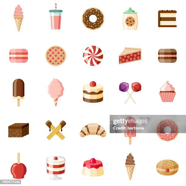 ilustraciones, imágenes clip art, dibujos animados e iconos de stock de conjunto de iconos de diseño plano postres y alimentos dulces - cupcake