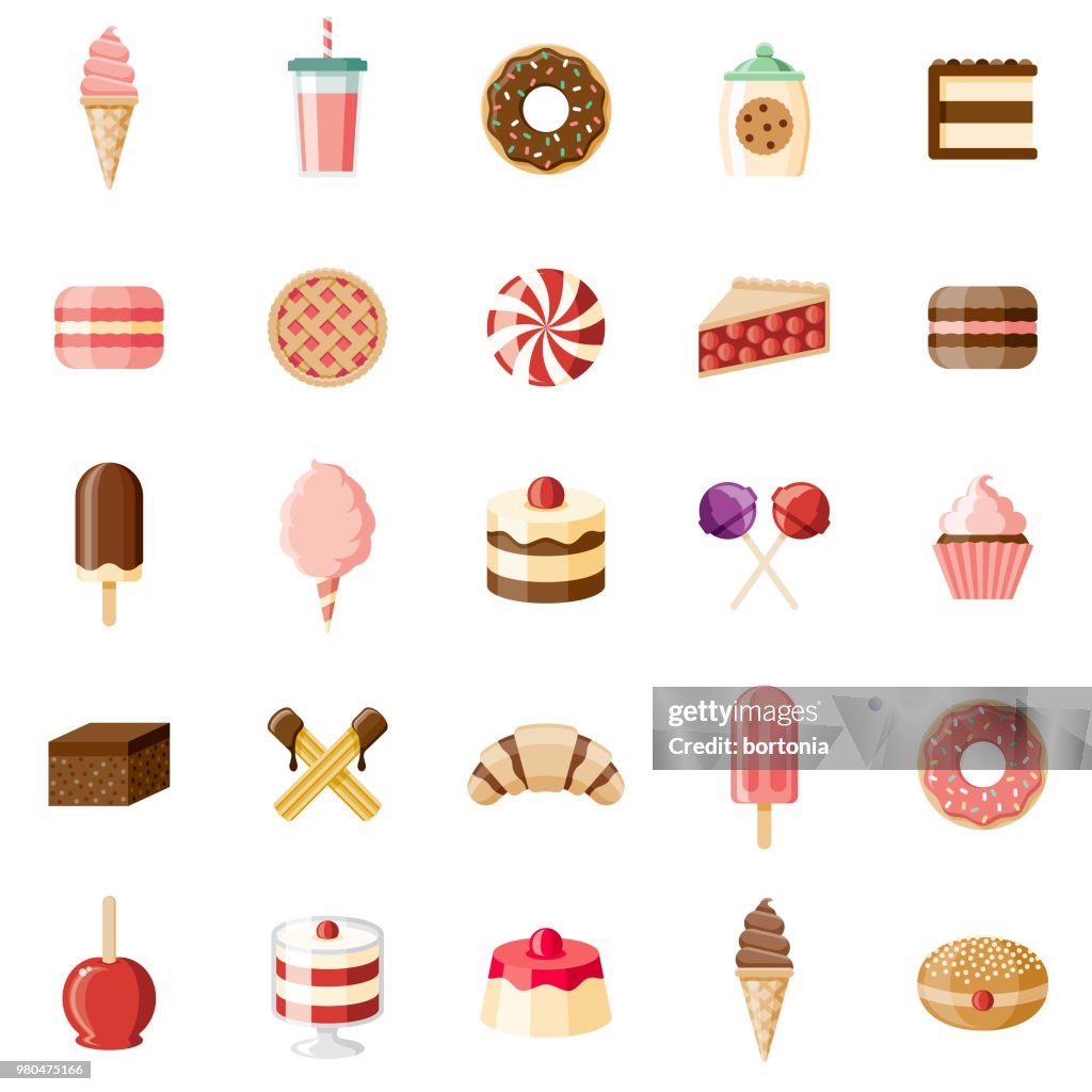 Conjunto de ícones de Design plano de sobremesas e alimentos doces
