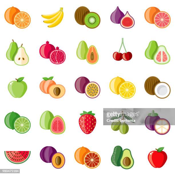 ilustrações, clipart, desenhos animados e ícones de conjunto de ícones de design plano de frutas - fruta tropical